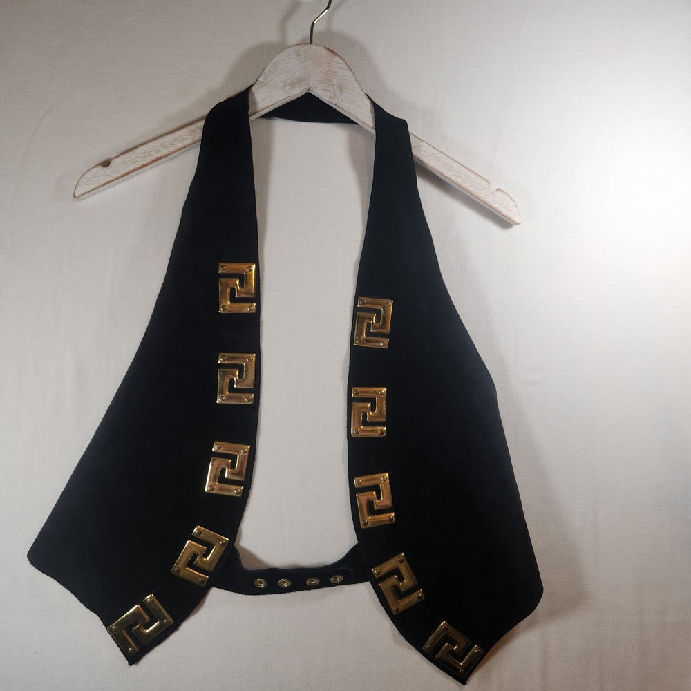 Vintage Suede Halter Vest Gold Greek Key Hardware Open Back Genuine leather